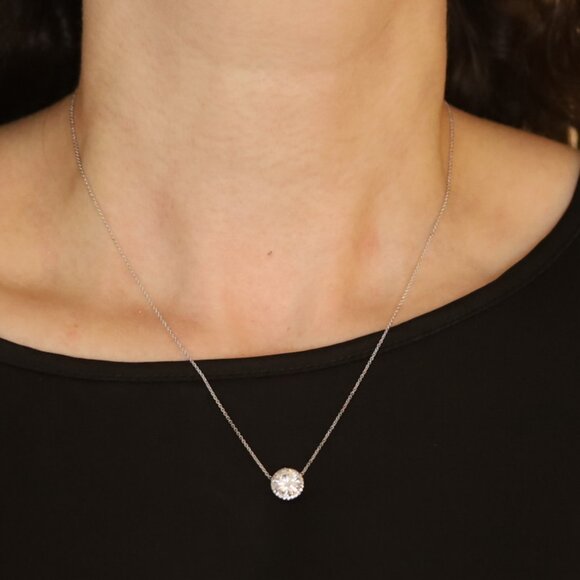 White Gold Diamond Halo Pendant Necklace -14k Round Brilliant 1.63ctw Adjustable - Picture 2 of 5